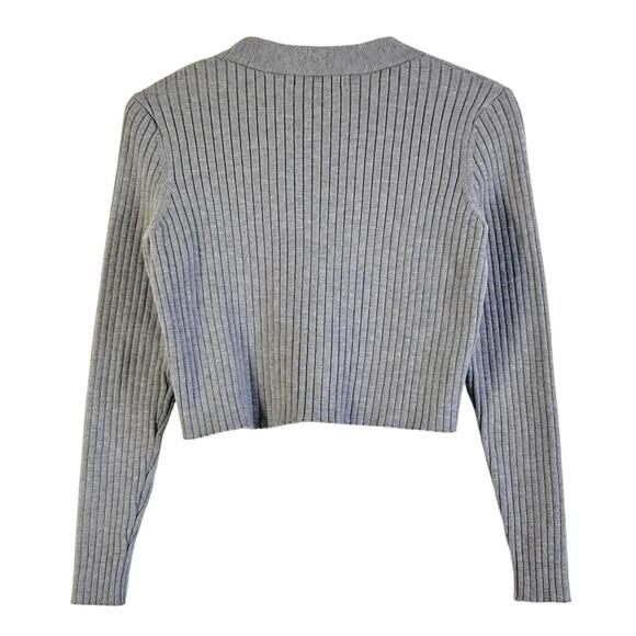 Cotton Emporium Ribbed Button Up Cropped Cardigan Sweater in Gray - Picture 3 of 4